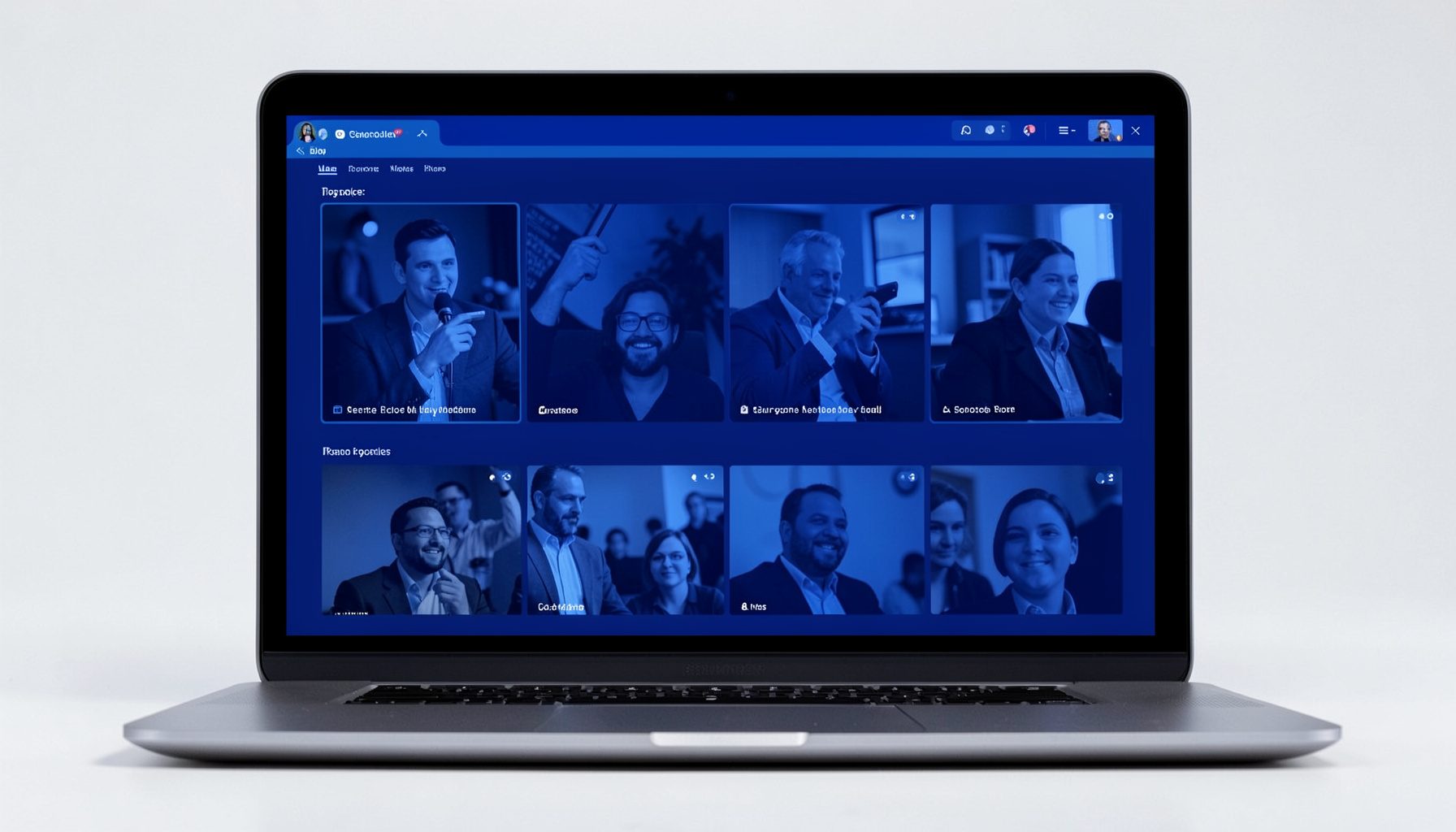 A laptop screen displaying a virtual conference interface with session tiles, rendered in deep blue duotone