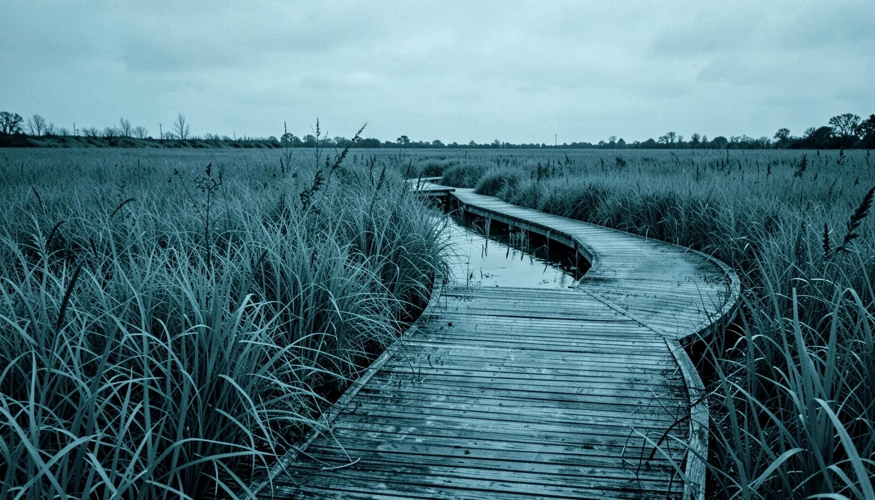 A wetland boardwalk winding through tall grasses under a soft overcast sky, rendered in muted teal duotone