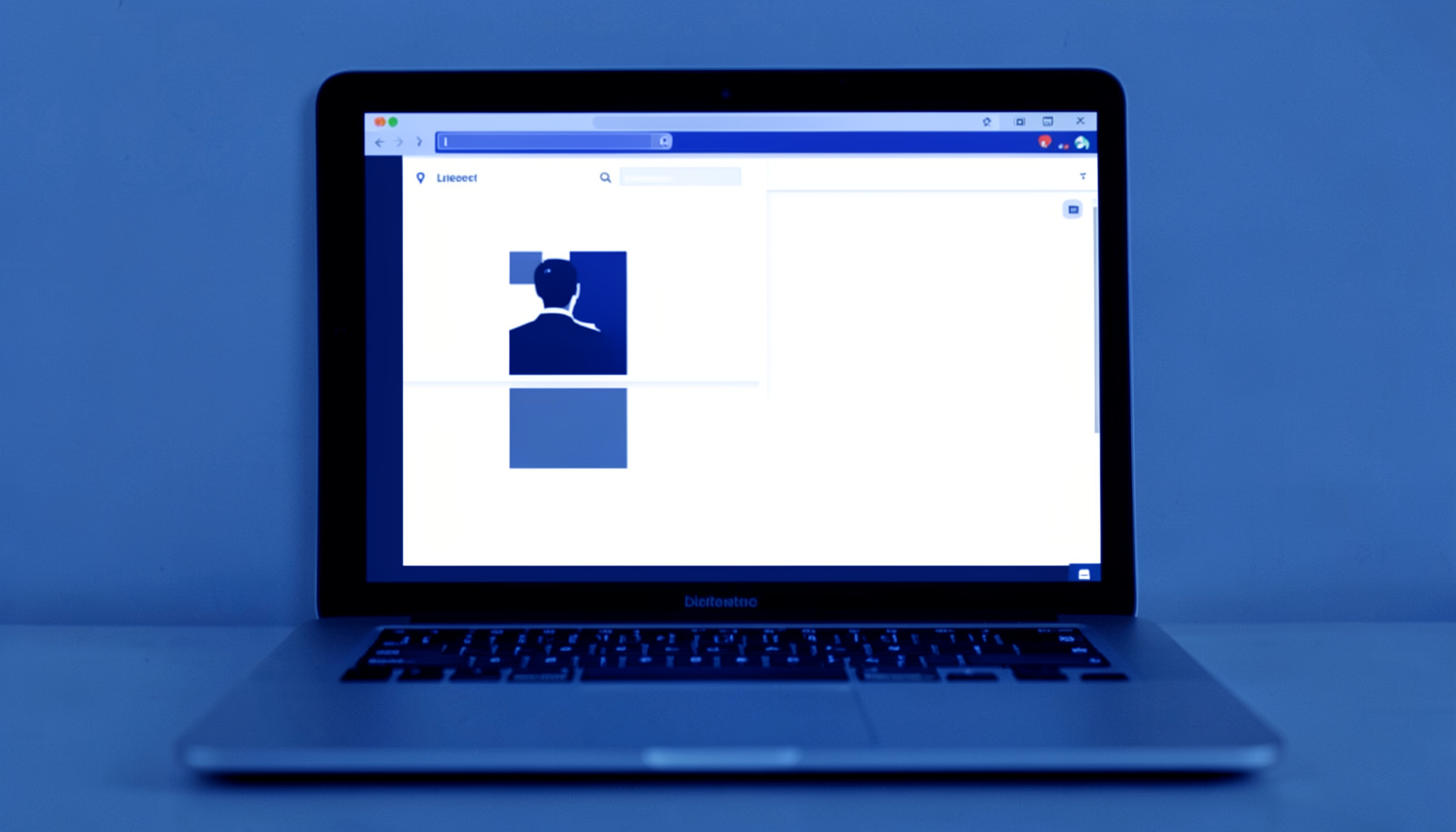 A laptop screen displaying a conference programme interface in deep blue and white duotone